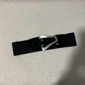 Vintage Style Black Wide Elastic Cinch Belt Silver Triangle Buckle Snap Closure